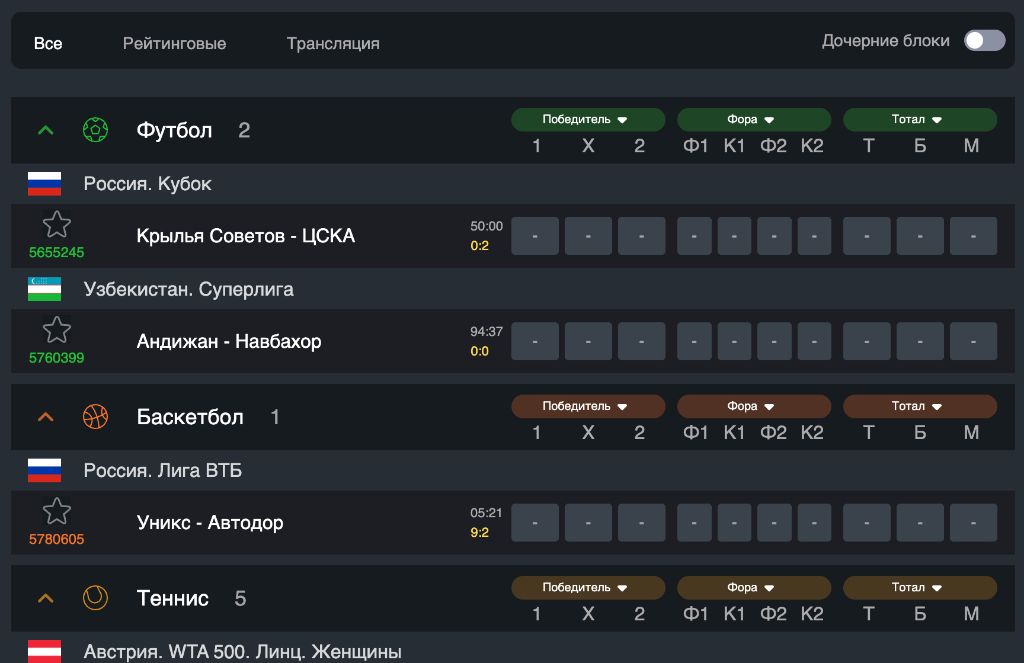Live-линия — ставки на футбол, баскетбол, теннис в реальном времени
